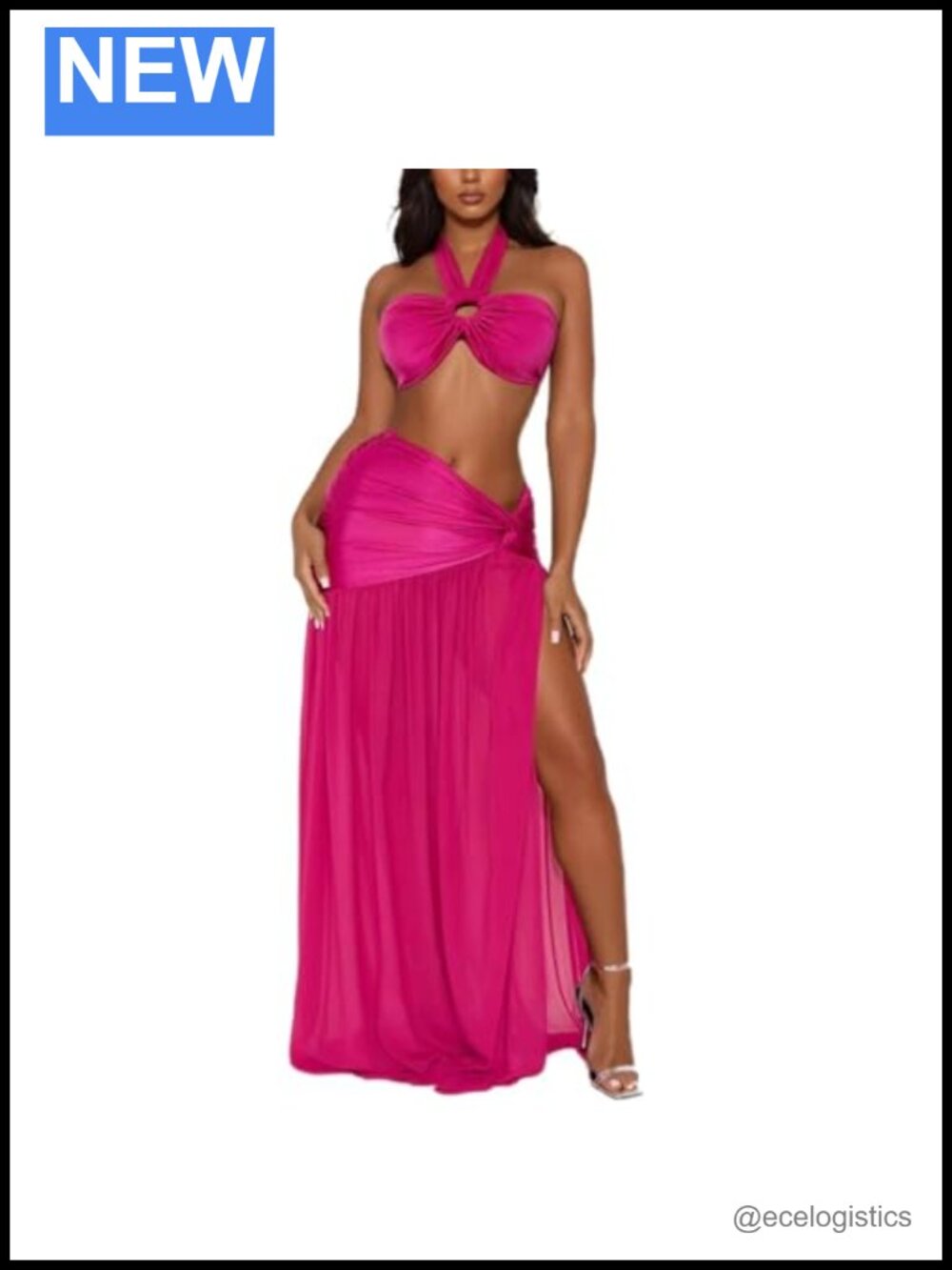 Sleeveless Halter Crop Top & High Split Maxi Skirt 2 Piece Vacation Outfit Set